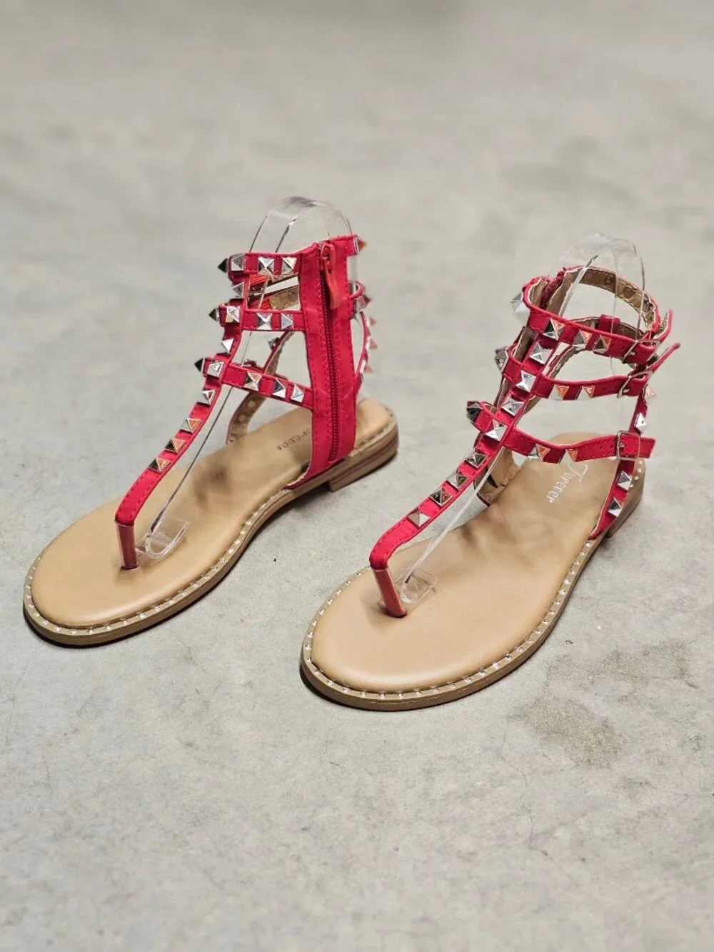 Red Gladiator Sandals With Studded Straps & Side Zipper For Women Flat Sole Comf